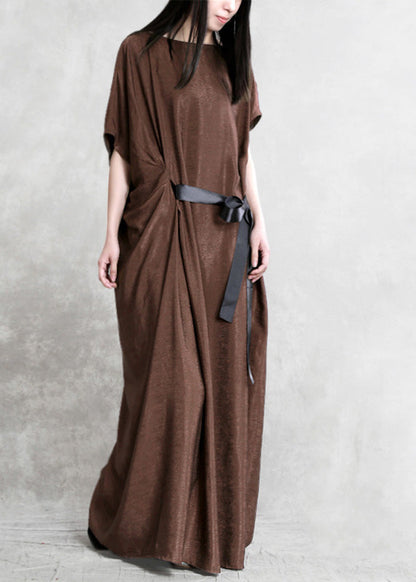 Mulberry O-neck Asymmetrical Tie Waist Silk Long Dresses Short Sleeve