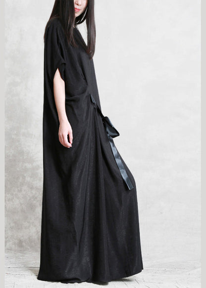 Mulberry O-neck Asymmetrical Tie Waist Silk Long Dresses Short Sleeve