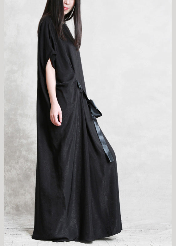 Mulberry O-neck Asymmetrical Tie Waist Silk Long Dresses Short Sleeve