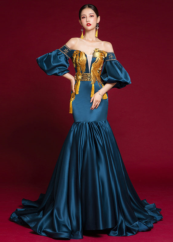 Navy Cold Shoulder Patchwork Silk Fishtail Dress Lantern Sleeve