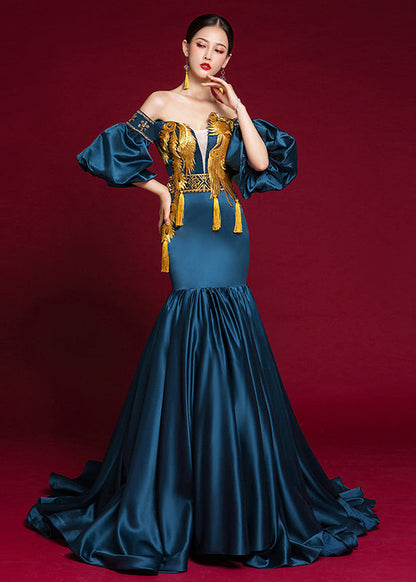 Navy Cold Shoulder Patchwork Silk Fishtail Dress Lantern Sleeve