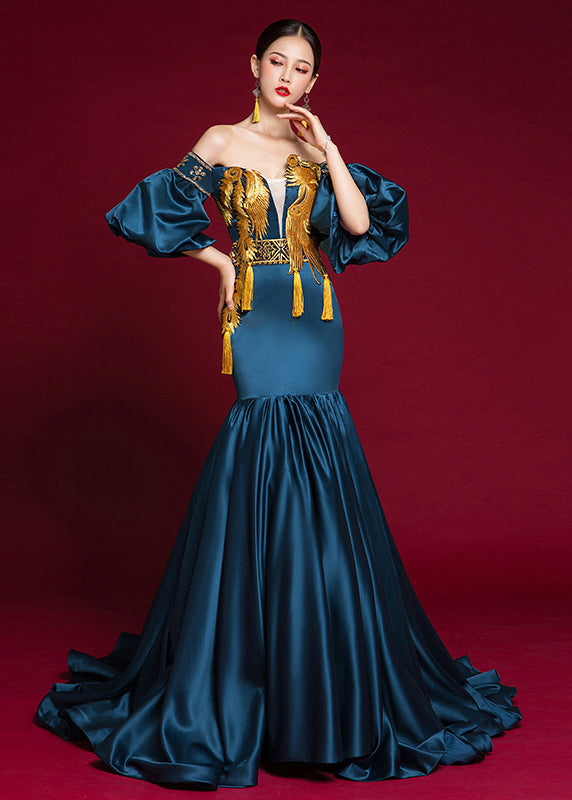 Navy Cold Shoulder Patchwork Silk Fishtail Dress Lantern Sleeve