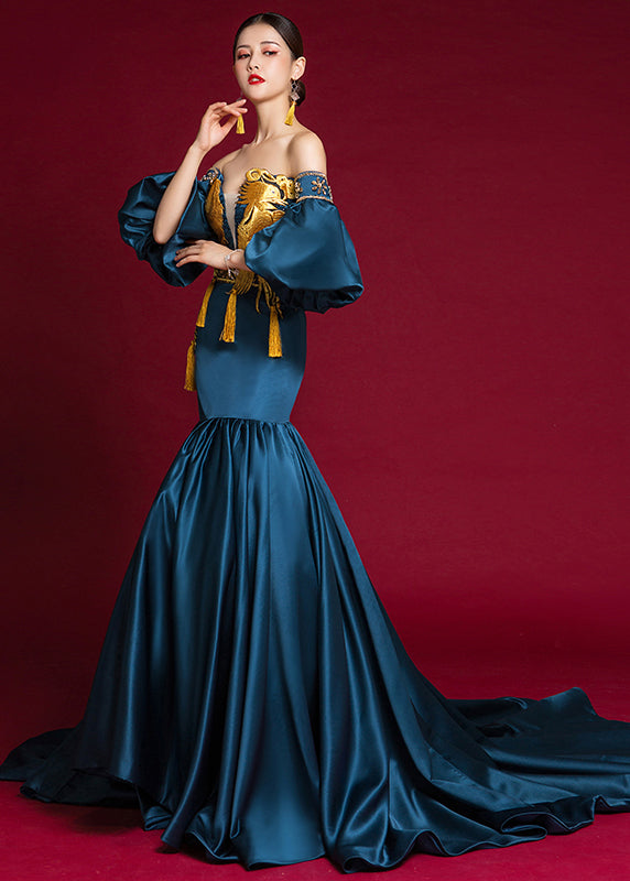 Navy Cold Shoulder Patchwork Silk Fishtail Dress Lantern Sleeve