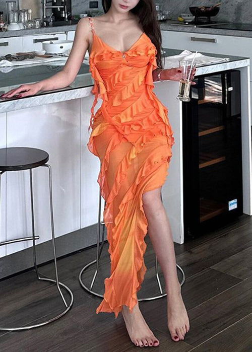 Orange Asymmetrical Ruffled Tulle Spaghetti Strap Dress Sleeveless