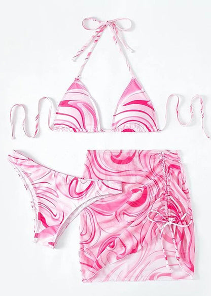 Pink Cinched Halter Lace Up Swimwear Set