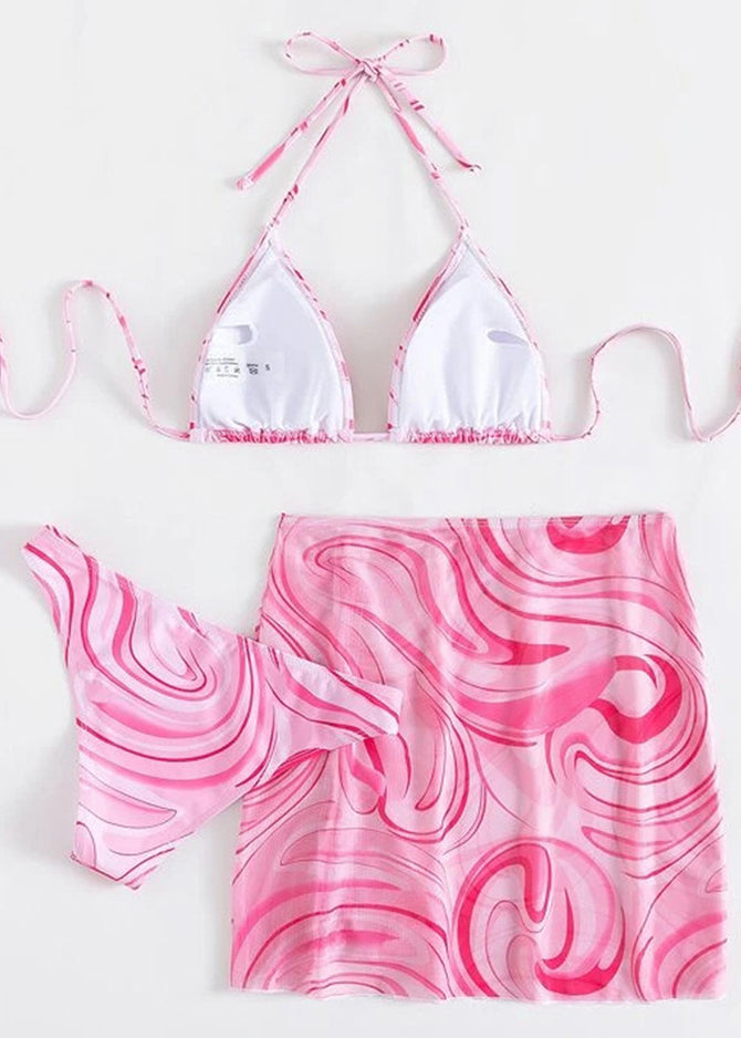 Pink Cinched Halter Lace Up Swimwear Set