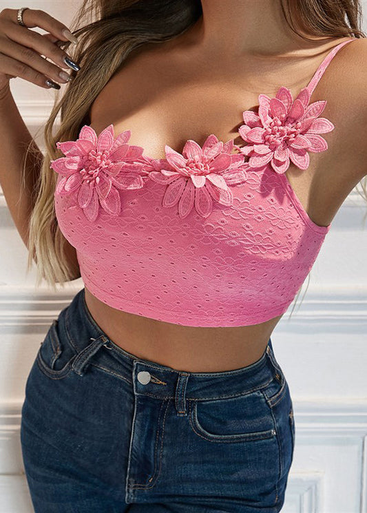 Pink Dimensional Flower Single Shoulder Camisole Top With
