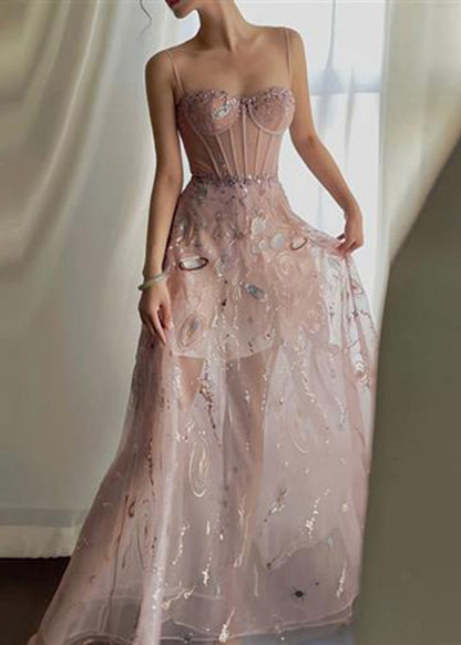 Pink Embroideried Sequins Slim Fit Tulle Maxi Dresses Sleeveless