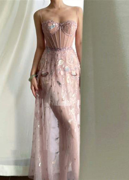 Pink Embroideried Sequins Slim Fit Tulle Maxi Dresses Sleeveless