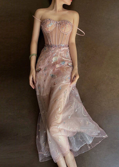 Pink Embroideried Sequins Slim Fit Tulle Maxi Dresses Sleeveless