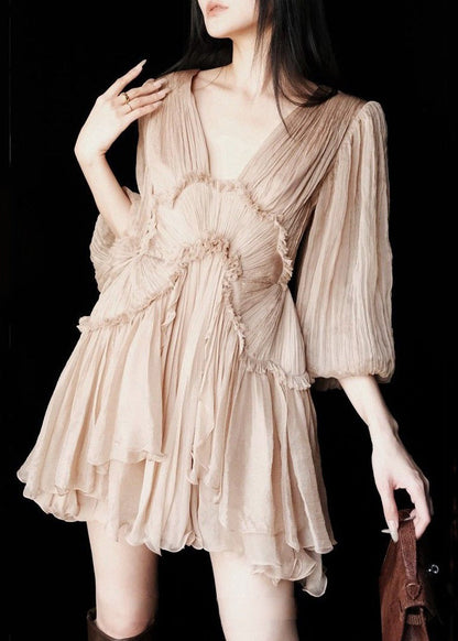 Pink Ruffled Lace Up Patchwork Chiffon Mid Dress Half Sleeve