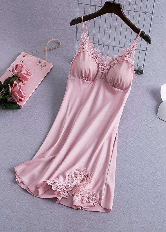Pink V Neck Hollow Out Silk Mid Dress Summer