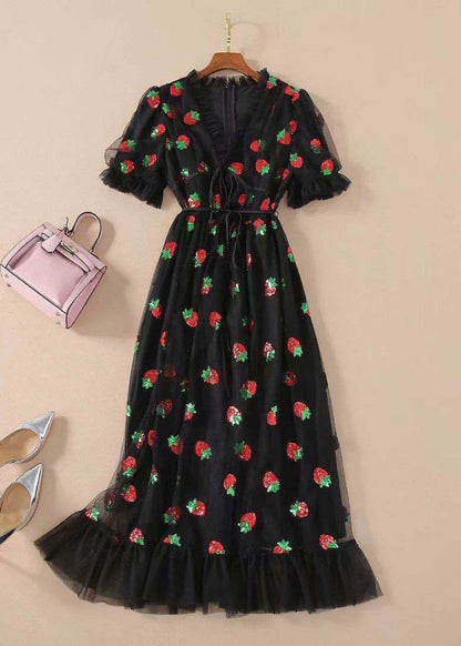Pink V Neck Ruffled Lace Up Tulle Maxi Dresses Summer