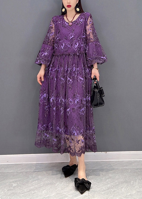 Purple O-neck Ruffled Print Lace Long Dress Lantern Sleeve