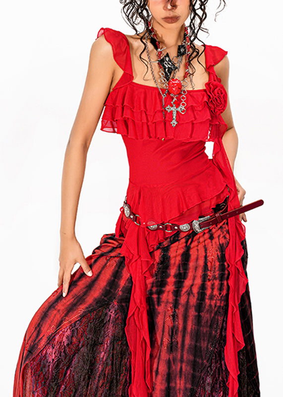Red Asymmetrical Rose Tulle Tops Summer