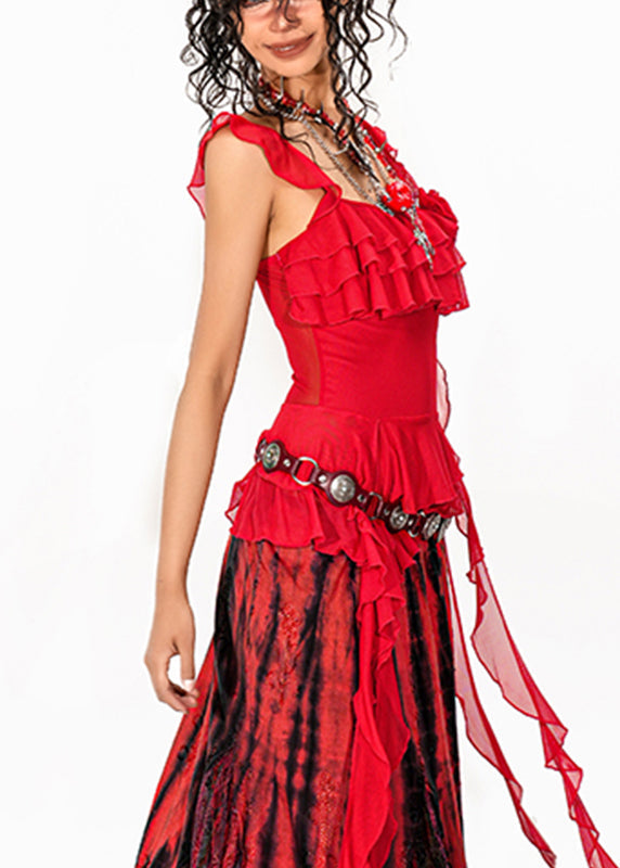 Red Asymmetrical Rose Tulle Tops Summer