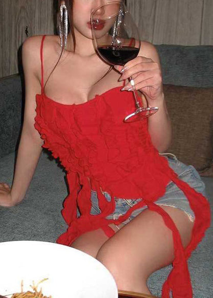 Red Asymmetrical Cotton Spaghetti Strap Tank Sleeveless