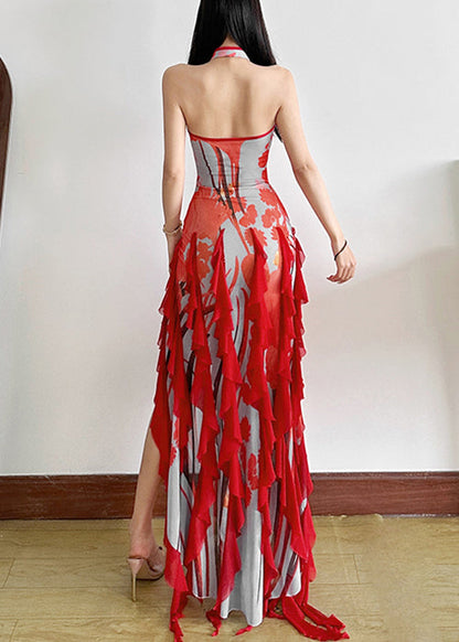Red Backless Ruffled Side Open Tulle Long Dresses Summer