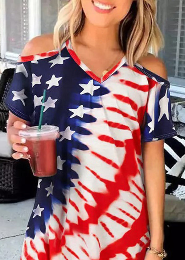 Red Blue V Neck Independence Day Print Off the Shoulder Spaghetti Strap Mid Dress Short Sleeve