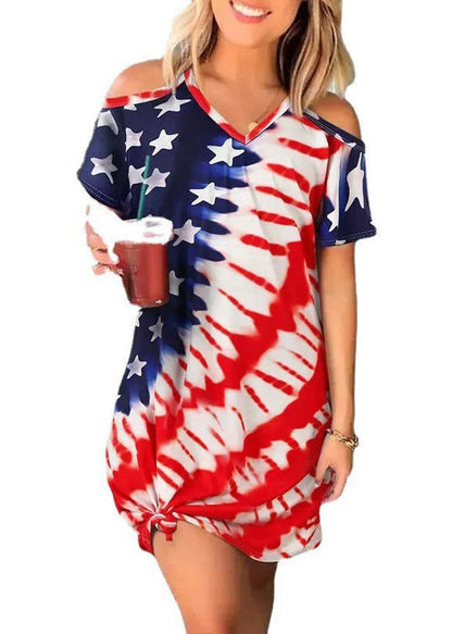 Red Blue V Neck Independence Day Print Off the Shoulder Spaghetti Strap Mid Dress Short Sleeve