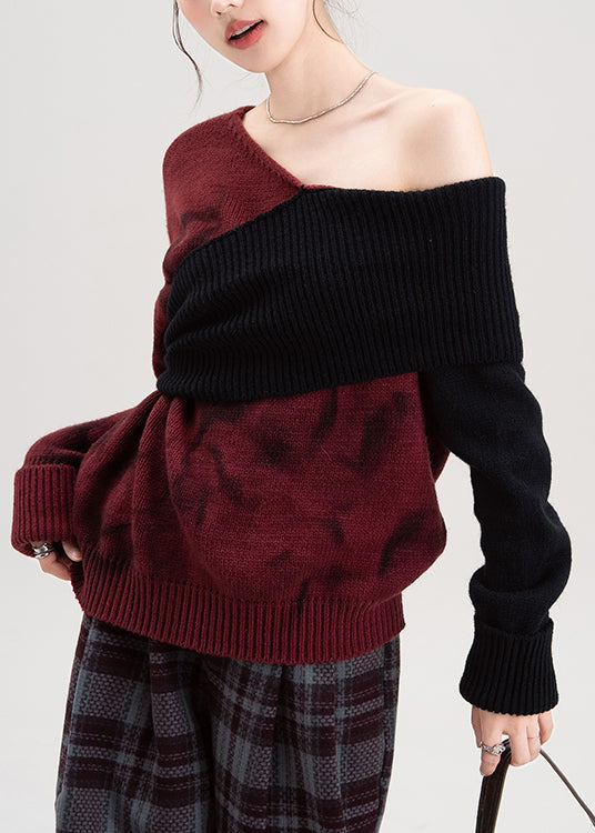 Red Cold Shoulder Patchwork Knit Sweaters Spring