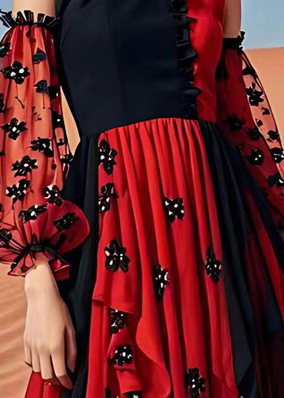 Red Cold Shoulder Print Patchwork Chiffon Maxi Dress Summer