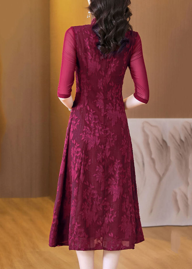Red Print Patchwork Wrinkled Silk Long Dress Fall