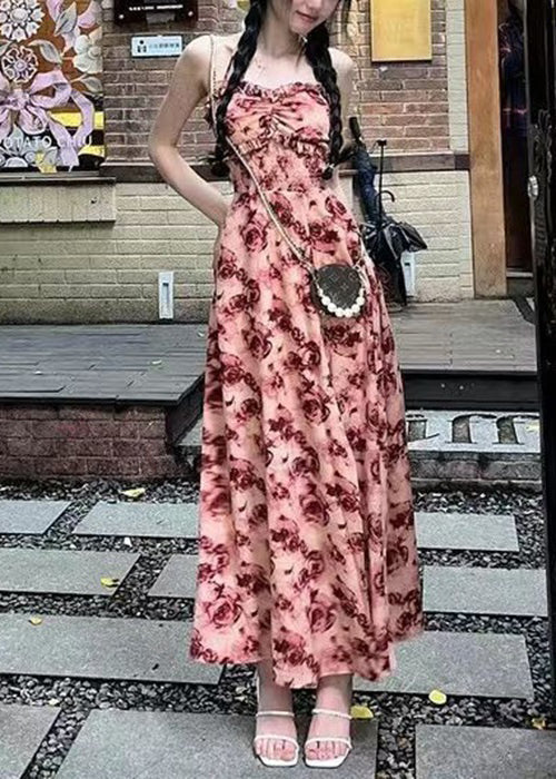 Red Ruffled Lace Up Print Cotton Long Dresses Sleeveless
