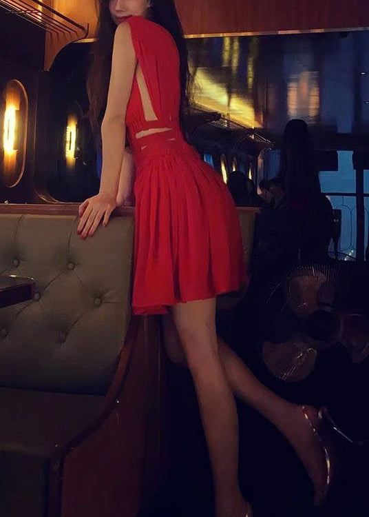 Red V Neck Hollow Out Chiffon Mid Dress Summer