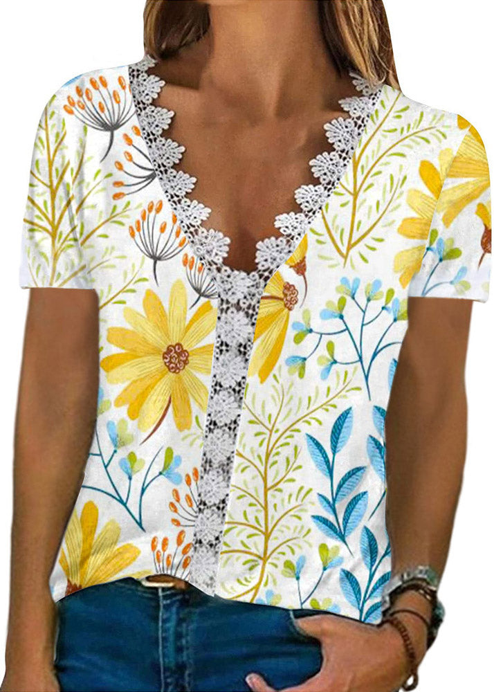 Red V Neck Printing Cotton T Shirt Female Leisure Lace Patchwork