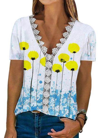 Red V Neck Printing Cotton T Shirt Female Leisure Lace Patchwork