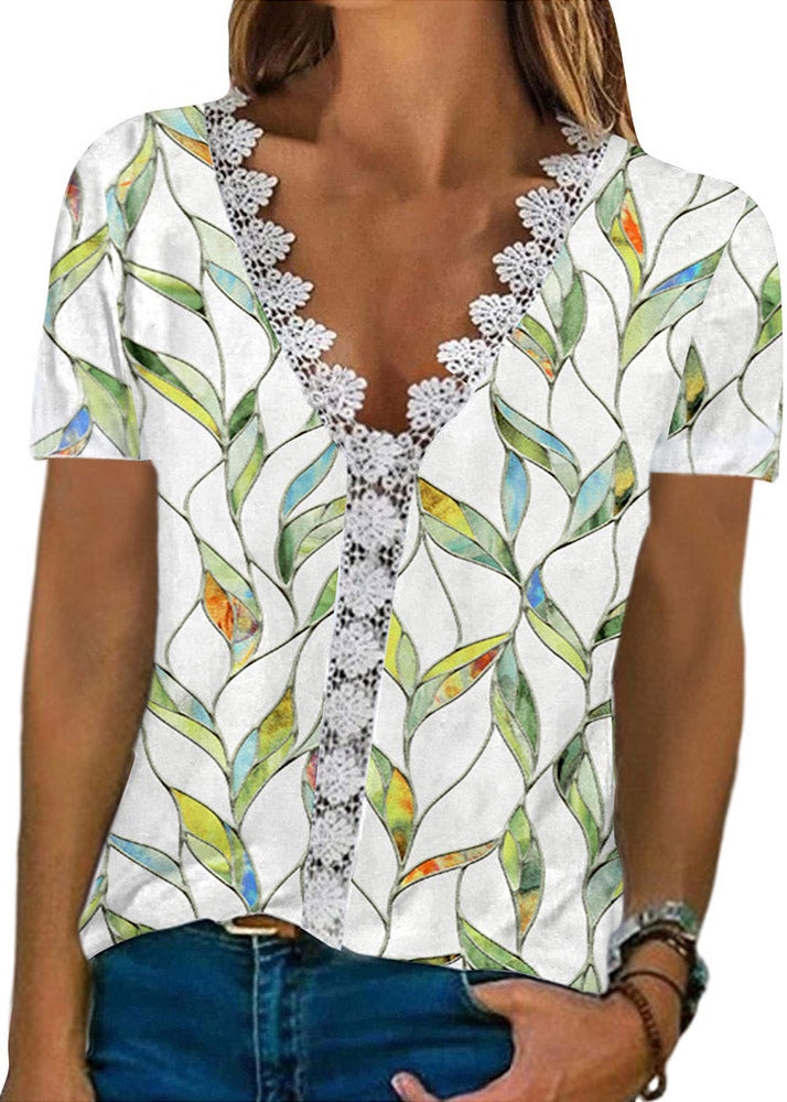 Red V Neck Printing Cotton T Shirt Female Leisure Lace Patchwork