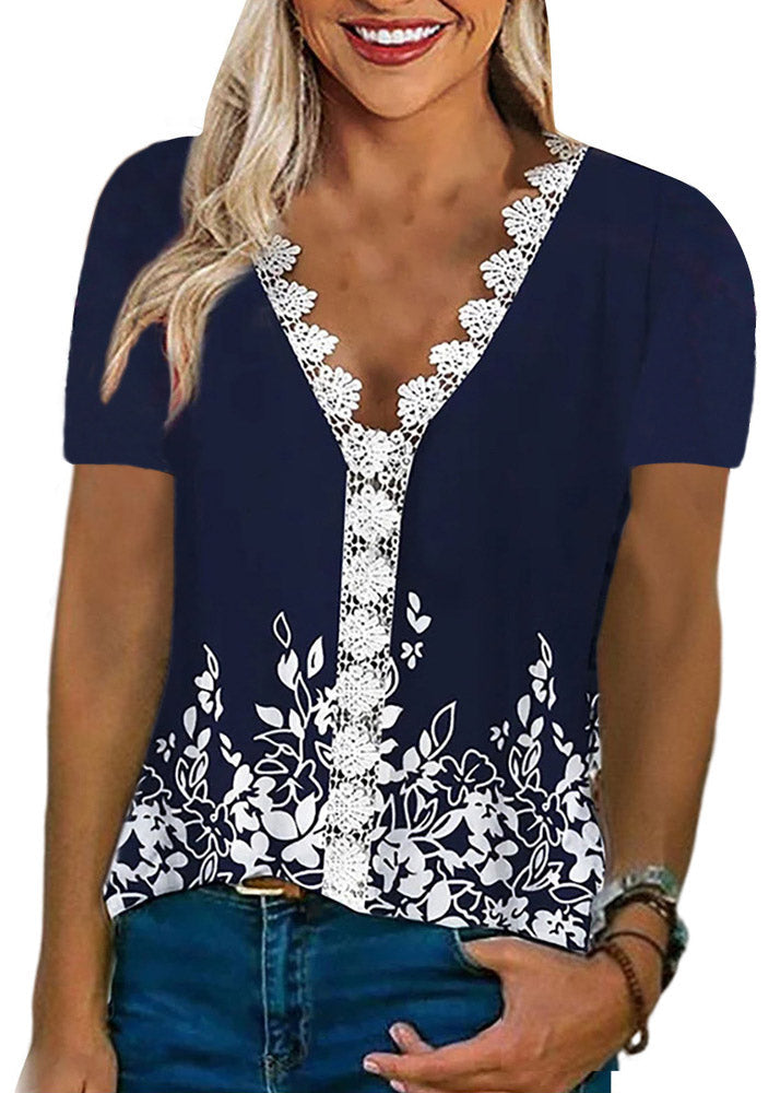 Red V Neck Printing Cotton T Shirt Female Leisure Lace Patchwork