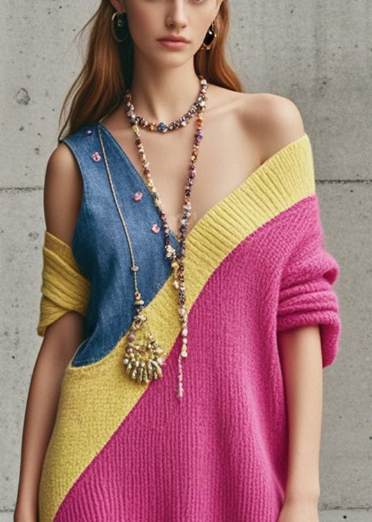 Rose Asymmetrical Patchwork Denim Knitwear Dress Fall