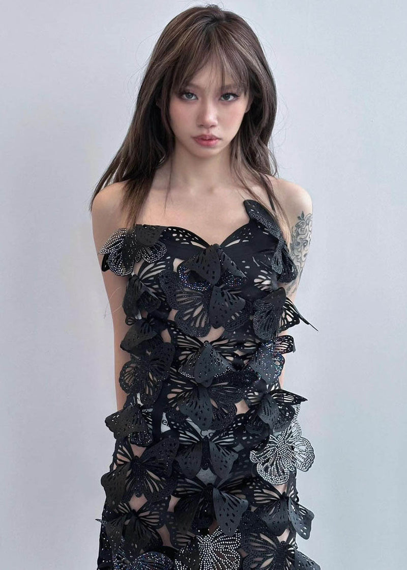 Rose Butterfly Hollow Out Zircon Spaghetti Strap Dress Summer