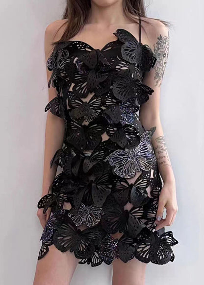 Rose Butterfly Hollow Out Zircon Spaghetti Strap Dress Summer