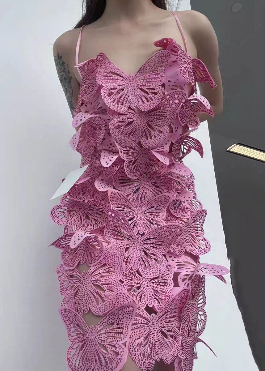 Rose Butterfly Hollow Out Zircon Spaghetti Strap Dress Summer