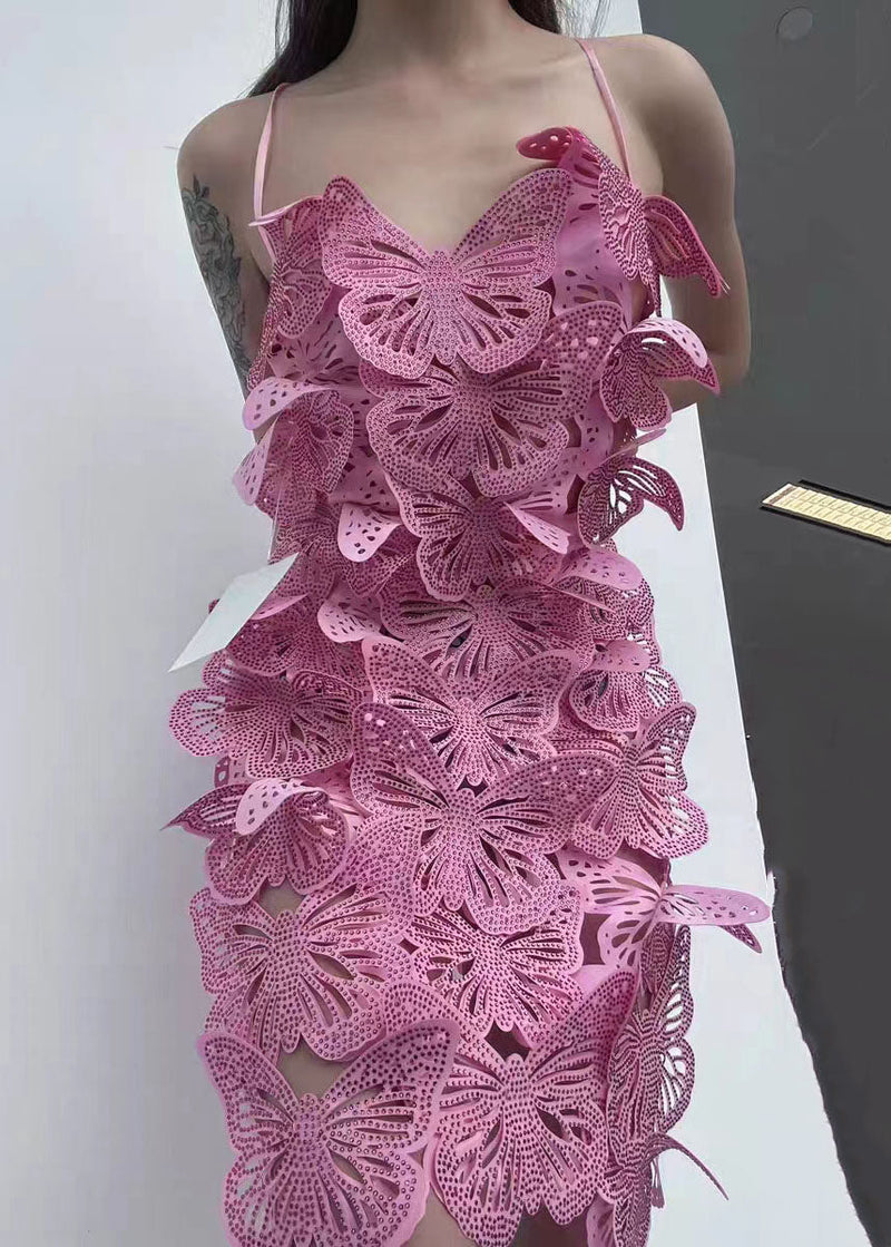 Rose Butterfly Hollow Out Zircon Spaghetti Strap Dress Summer