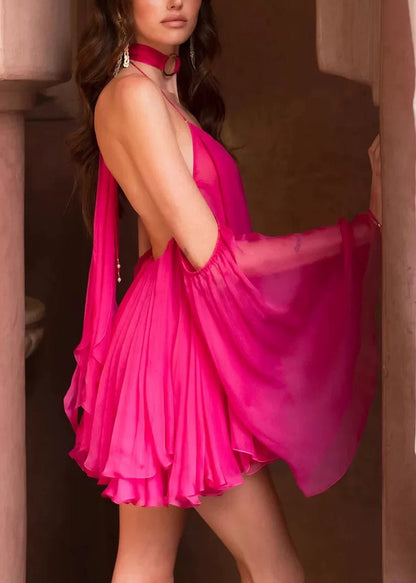 Rose V-neck Backless Short Skirt Flared Sleeves