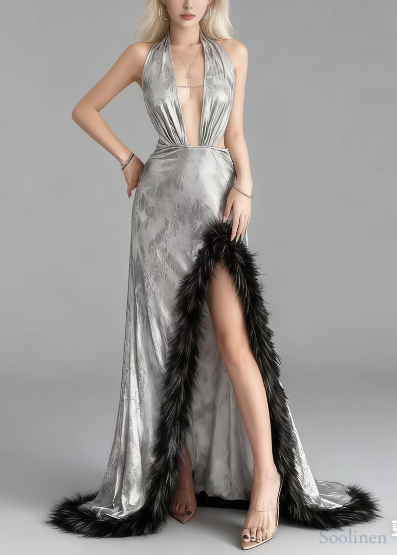 Silvery Exra Large Hem Patchwork Faux Fur Side Open Evenings Dresses Summer