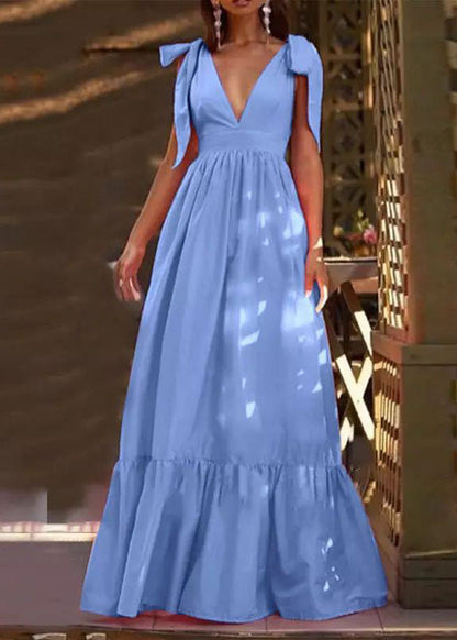 Sky Blue Wrinkled V Neck Patchwork Ruffles Maxi Dress Vestidos Sleeveless