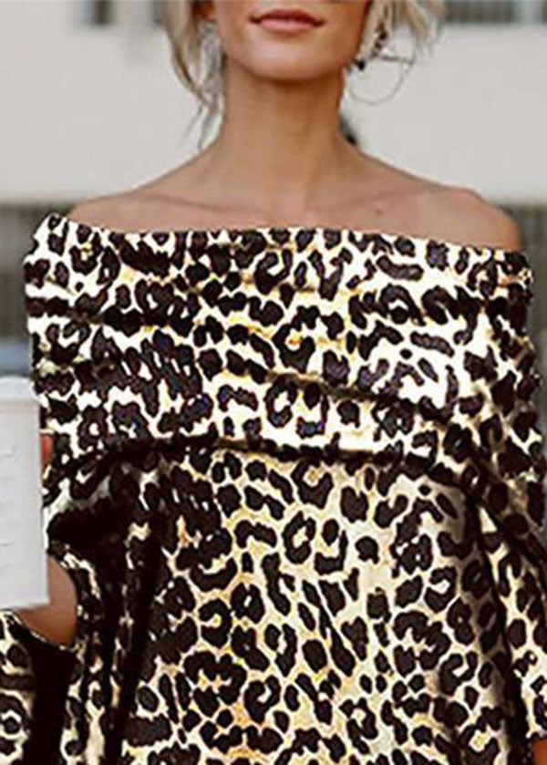 Slash Neck Asymmetrical Design Off the Shoulder Leopard Print Top Summer