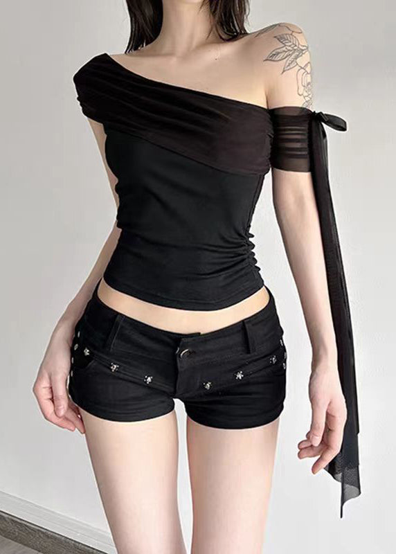 Slim Fit Black Cold Shoulder Bow Tulle T Shirt Tops Summer
