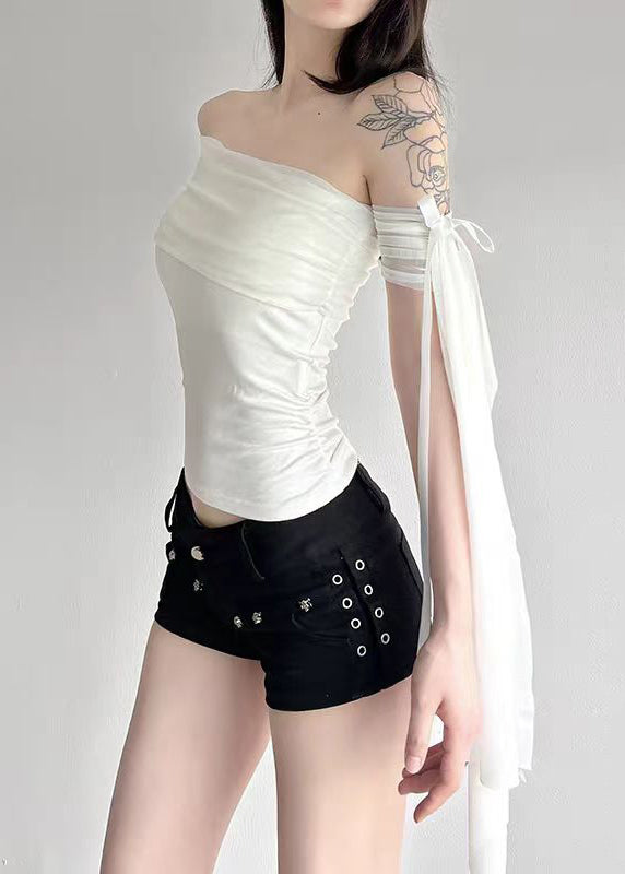 Slim Fit Black Cold Shoulder Bow Tulle T Shirt Tops Summer