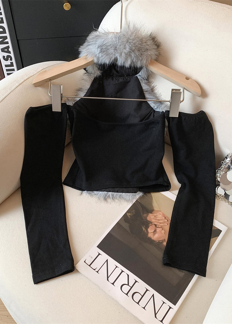 Style Blue Fur Patchwork Long Sleeved Top