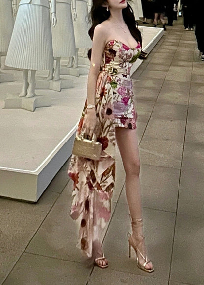 V Neck Asymmetrical Print Maxi Dresses Sleeveless