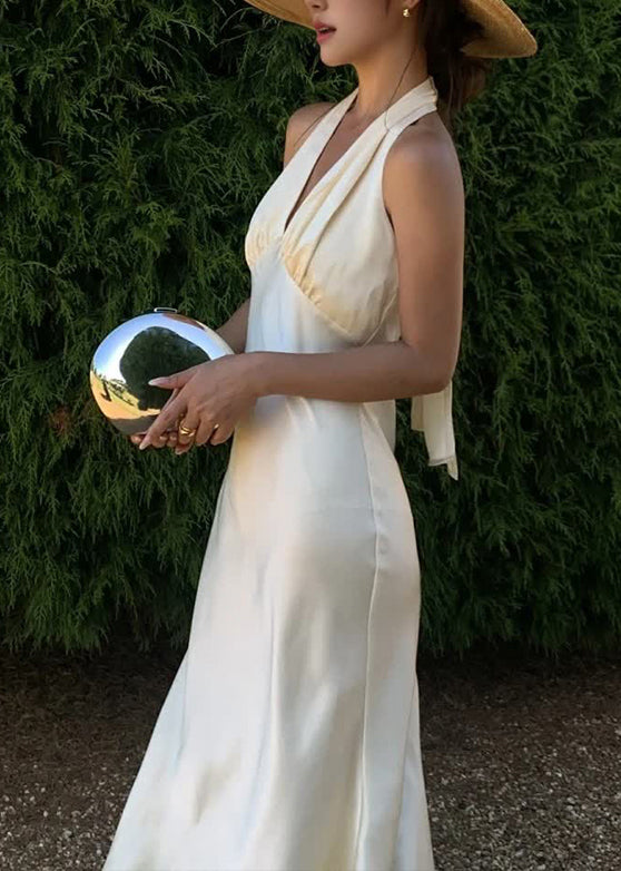 V Neck Backless Silk Halter Long Dresses Sleeveless
