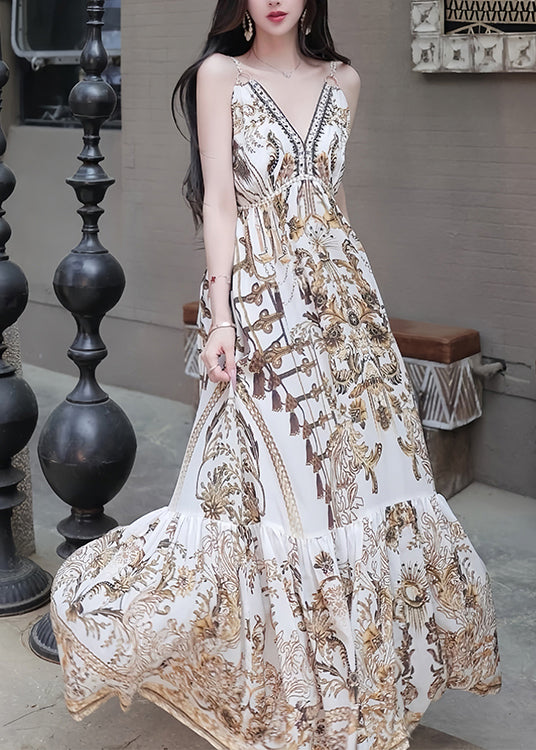 V Neck Print High Waist Spaghetti Strap Dress Sleeveless