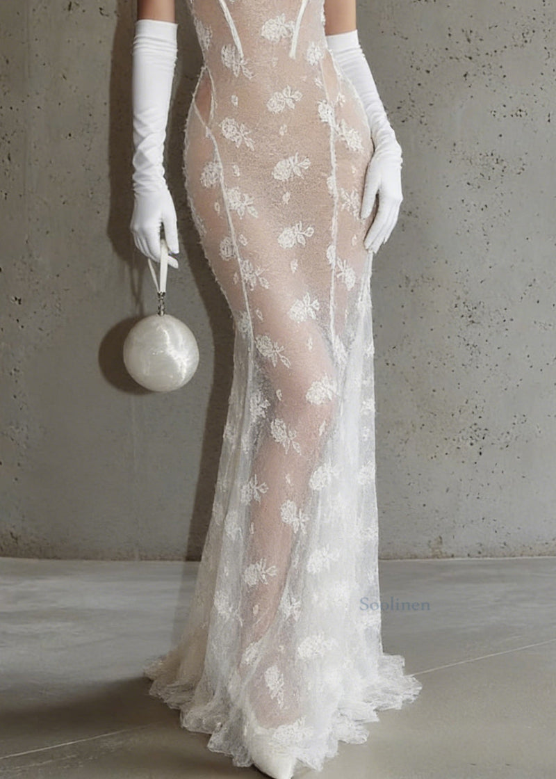 White Hollow Out Lace Perspective Tulle Maxi Dresses Sleeveless