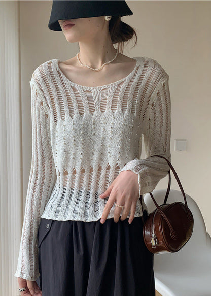 Sexy White Hollow Out Nail Bead Knit Sheer Tops Fall